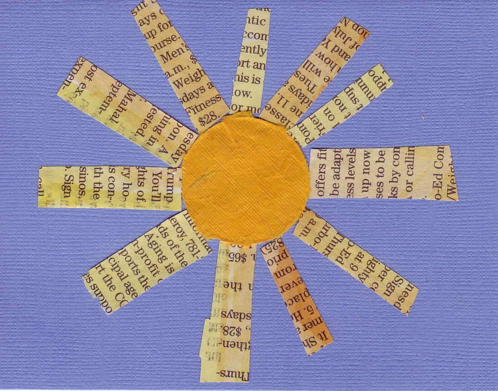 (SOLD) 011 - Funky newspaper and yellow paper sun on textured dusk-blue card