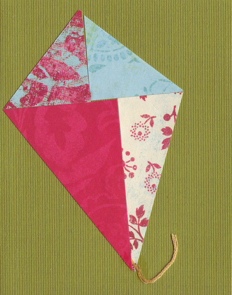 028 - Mixed paper kite over deep green card