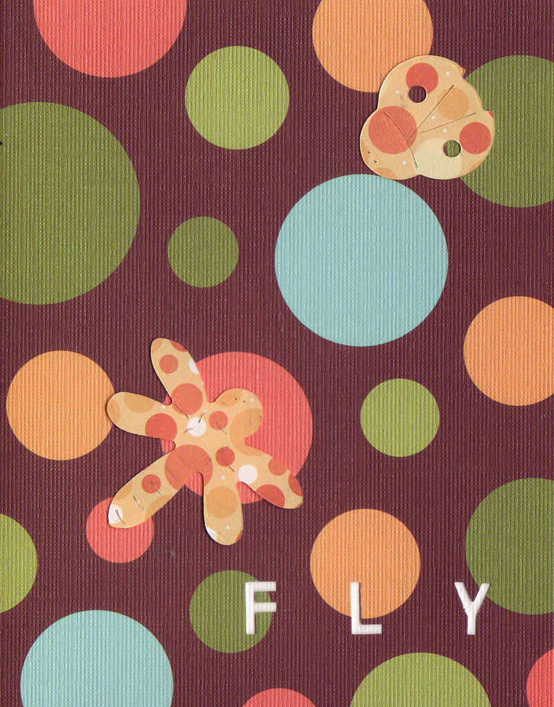 037E - 'Fly' set on bubble patterned paper, dragonfly and ladybug card