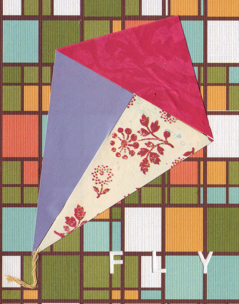 038B - 'Fly' set on stained glass patterned paper, kite card