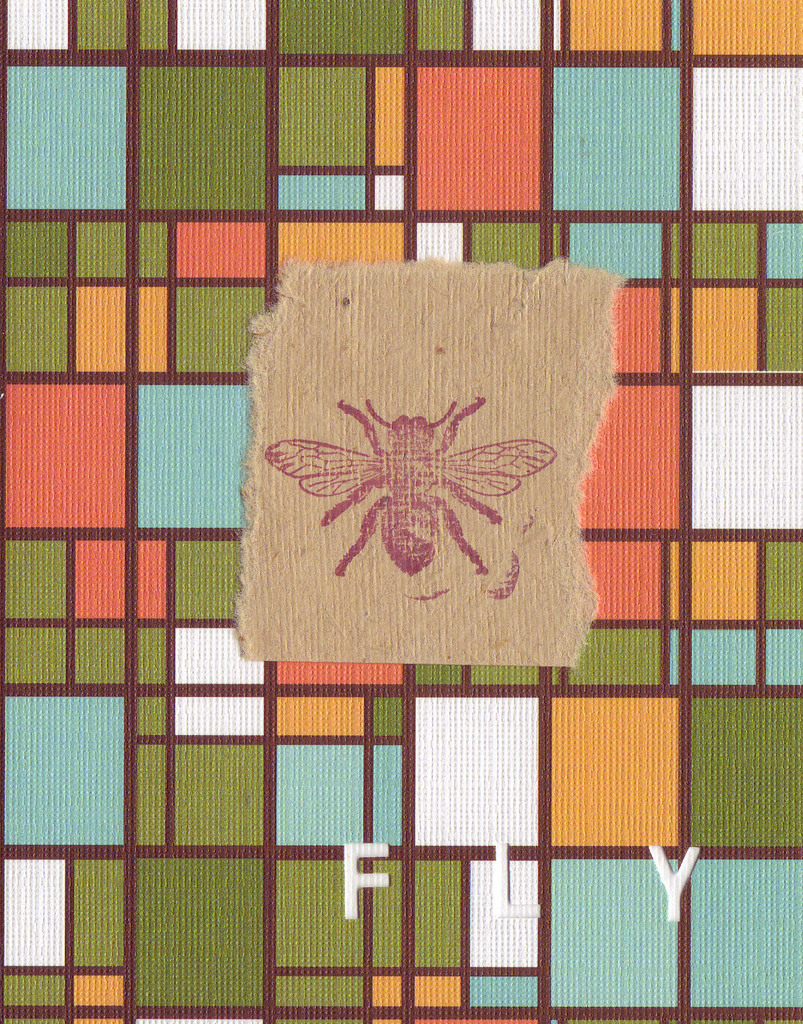 038C - 'Fly' set on stained glass patterned paper, honeybee card