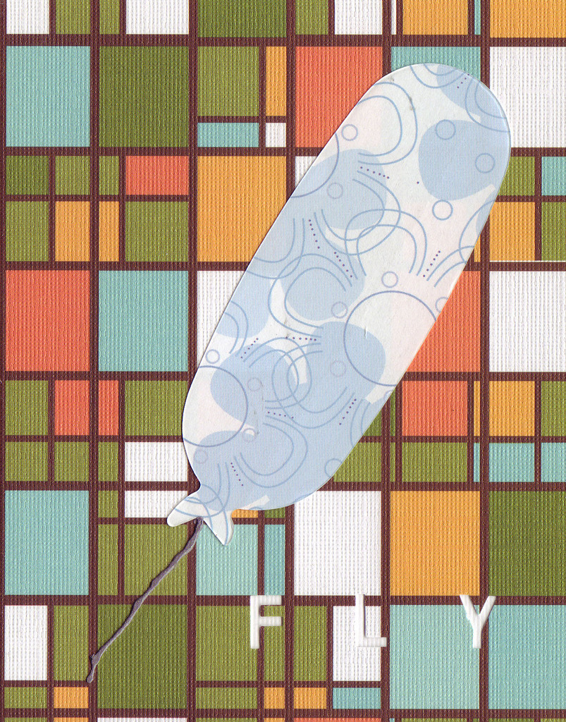 038D - 'Fly' set on stained glass patterned paper, balloon card