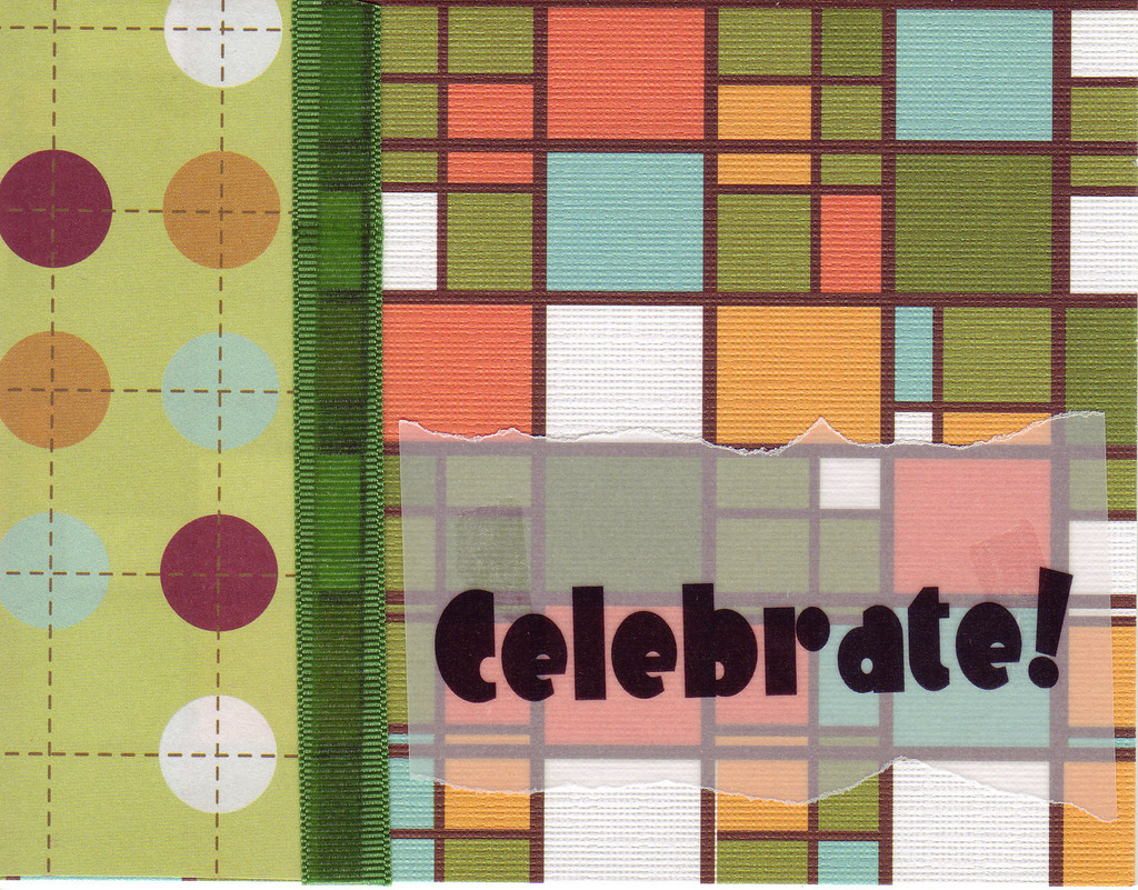 (SOLD) 045 - 'Celebrate' on vellum overlaid on stained glass cardstock with a ribbon
