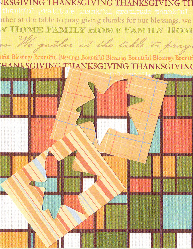 002 - 'Thanksgiving, home, family, blessings' with leaf cutouts on funky fall-colored paper